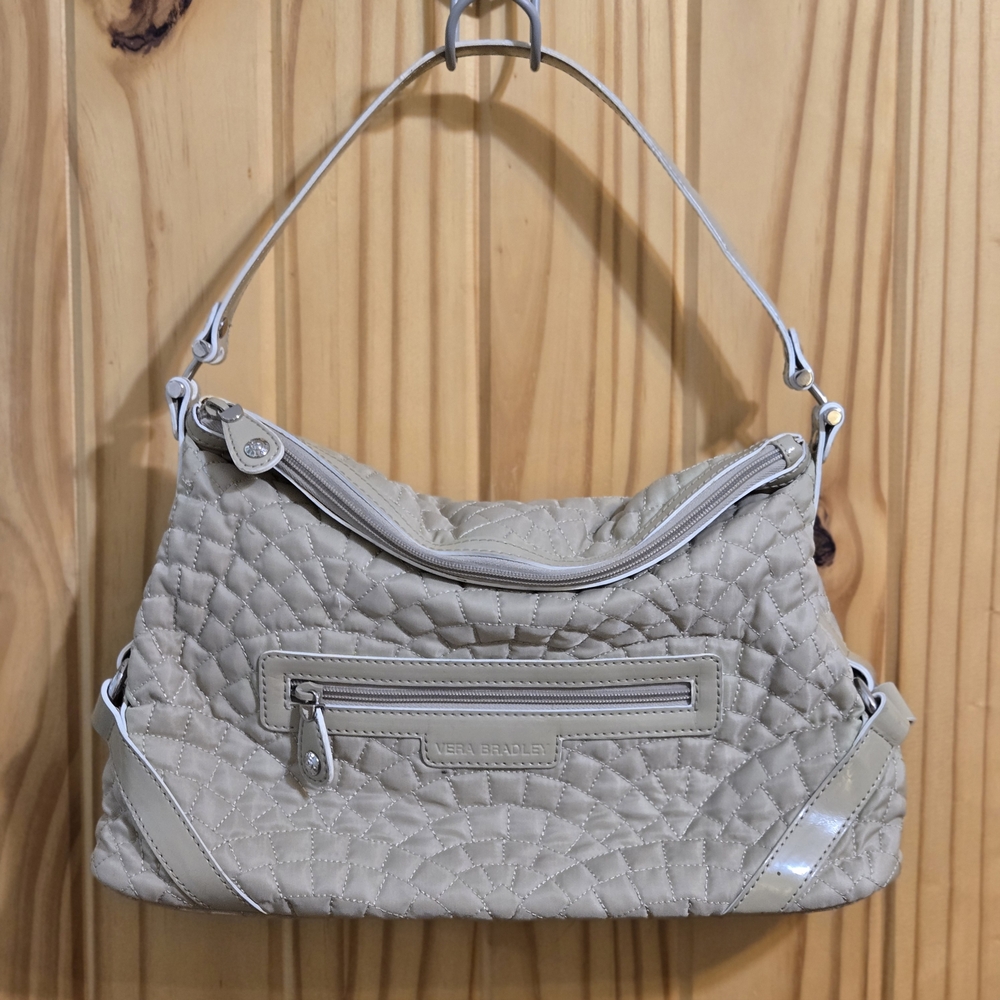 Vera Bradley Beige Quilted Microfiber Shoulder Bag Tan Hobo Purse Patent Trim